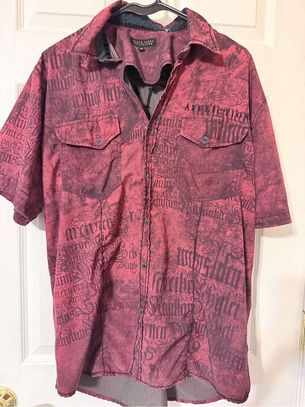 Affliction Mens Red Button-Down Graphic Short Sleeve Shirt